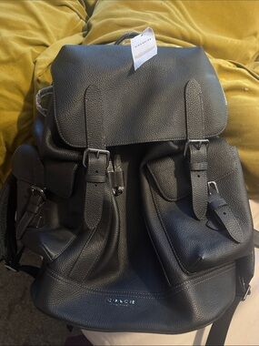 Coach Black Pebbled Leather Buckle Backpack